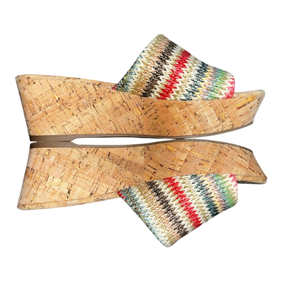 Michael Shannon Ibiza Woven Multi Color Cork Wedge Slide Sandal Sz 7